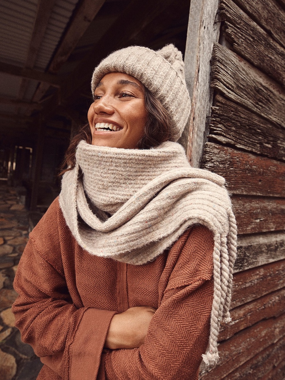 NWT Free People Hit The Ground Scarf In Ivory Confetti Soft Ribbed Long Winter
